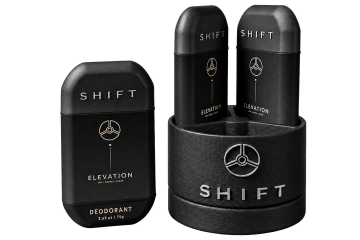 Elevation deodorants arranged beside and inside a SHIFT Base